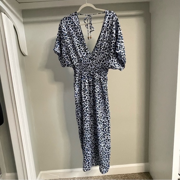 Raviya Dress Beach Resort Cover Up Navy Animal Print Side Slits Popover S New - Picture 6 of 11